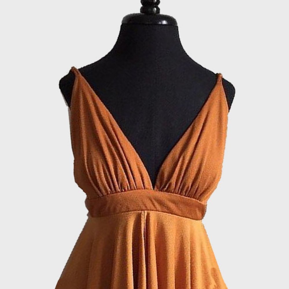 Vtg 70s Copper Asymmetric Hankie Hem Romper Dress… - image 2